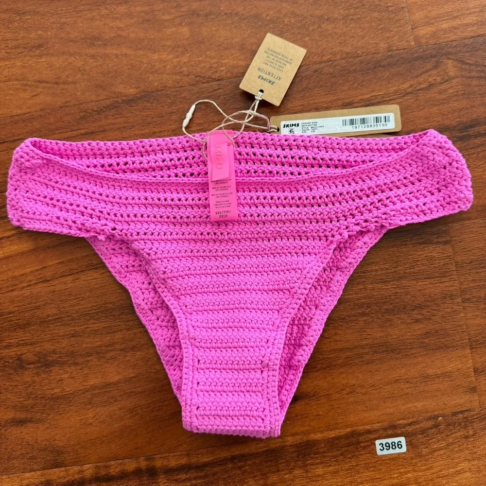 Skims Crochet Swim Bikini SET Top & Bottom Sz XXS Taffy Pink Stretch NWT